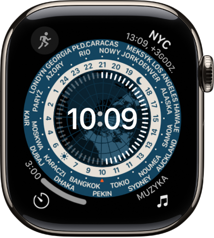 Tarcza Czas na świecie z zegarem analogowym. Na środku znajduje się glob pokazujący, gdzie na Ziemi jest dzień, a gdzie noc. Dookoła tarczy wyświetlane są cyfry i nazwy miast, które pozwalają określać czas w każdej z tych lokalizacji. W każdym rogu ekranu wyświetlana jest komplikacja: Muzyka (w lewym górnym rogu), Tłumacz (w prawym górnym rogu), Minutnik (w lewym dolnym rogu) oraz data (w prawym dolnym rogu).