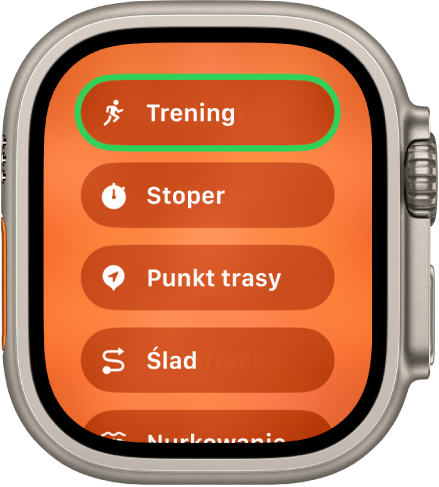 Ekran Szybkie przełączanie zawierający czynności, które można przypisać do przycisku czynności, takie jak Trening, Stoper, Punkt trasy oraz Ślad.