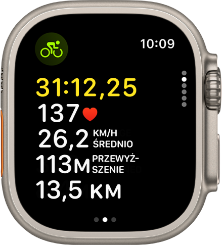 Trwający trening na rowerze. Wyświetlany jest czas trwania treningu, szybkość, tętno, średnia szybkość, pokonane wzniesienie i całkowy dystans.