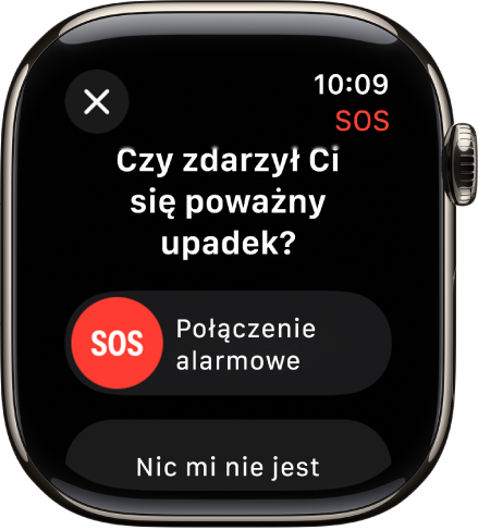 Ekran funkcji Wykrywanie upadków pokazujący suwak SOS umożliwiający rozpoczęcie połączenia alarmowego.