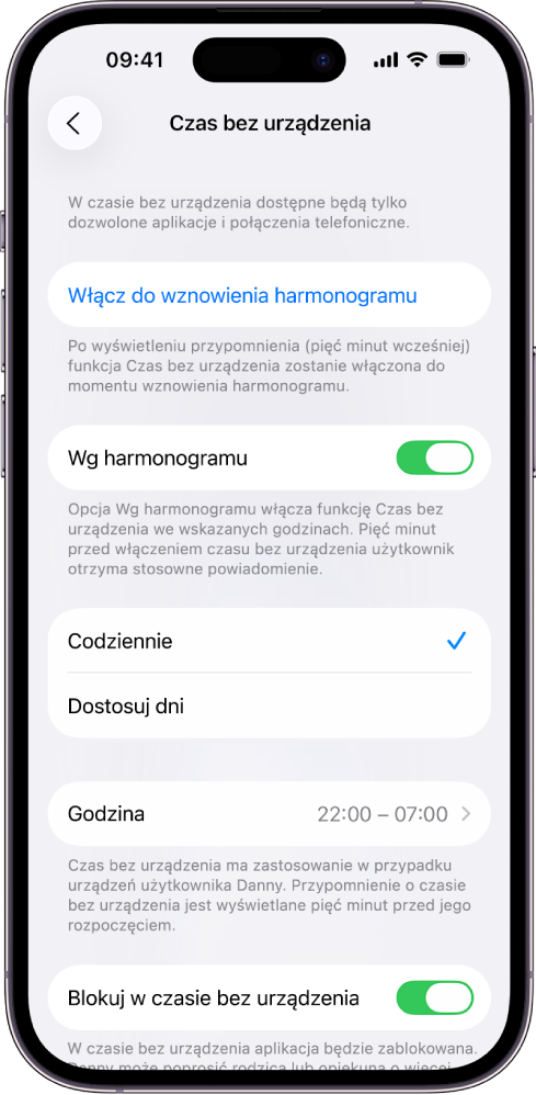 iPhone wyświetlający ekran konfiguracji funkcji Czas bez urządzenia. U góry widoczny jest przełącznik Zaplanowane. Poniżej widoczne są opcje Codziennie (wybrana) oraz Dostosuj dni. Godziny Od i Do znajdują się na środku ekranu, a przycisk Blokuj w czasie bez urządzenia jest widoczny na dole.