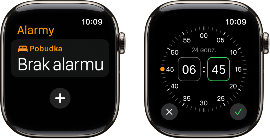 Dwa ekrany Apple Watch ilustrujące proces dodawania alarmu: Stuknij w Dodaj alarm, stuknij w AM lub PM (jeśli używasz formatu 12‑godzinnego), obróć Digital Crown, aby dostosować czas, a następnie stuknij w przycisk Gotowe.