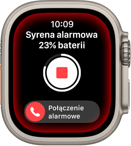 Syrena rozpocznie odliczanie w dół. Na górze znajduje się wskaźnik naładowania baterii, pośrodku jest przycisk odtwarzania, a na dole suwak Połączenie alarmowe.