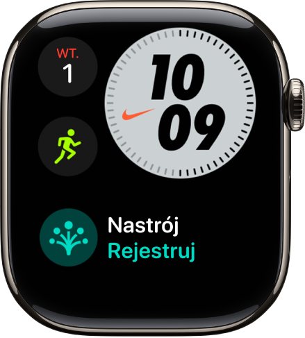 Tarcza Nike kompaktowy. W lewym górnym rogu widoczny jest dzień i data, w prawym górnym rogu widoczna jest godzina, po środku po lewej znajduje się komplikacja Trening oraz komplikacja Minutniki