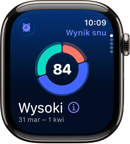 Ekran wyniku snu wyświetlający wynik na środku ekranu. Ocena i czas snu są wyświetlane w lewym dolnym rogu ekranu.
