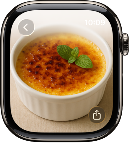 Po wyświetleniu zdjęcia możesz: obracać Digital Crown, aby powiększać lub pomniejszać; przeciągać, aby przesuwać powiększony fragment zdjęcia; stukać dwukrotnie, aby przełączać między wyświetlaniem całego zdjęcia i wypełnianiem nim ekranu. Aby przechodzić między zdjęciami, przesuwaj palcem w lewo lub w prawo. W prawym dolnym rogu znajduje się przycisk Udostępnij.