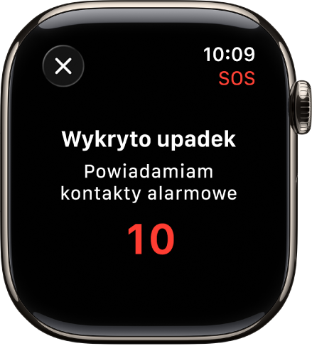 Pojawi się ekran z komunikatem Wykryto upadek i odliczający czas do powiadomienia kontaktów alarmowych.