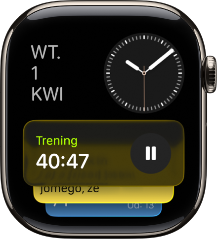 Stos inteligentny na Apple Watch wyświetlający wydarzenie na żywo oraz widżety.