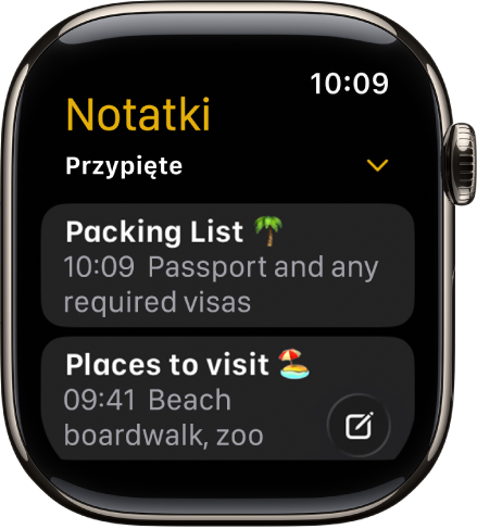 Ekran Notatek zawierający dwie przypięte notatki.