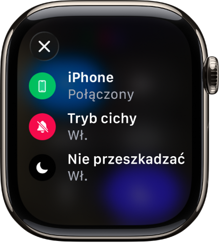 Szczegóły statusu: iPhone połączony, położenie używane przez Wiadomości, tryb cichy włączony, tryb Nie przeszkadzać włączony.