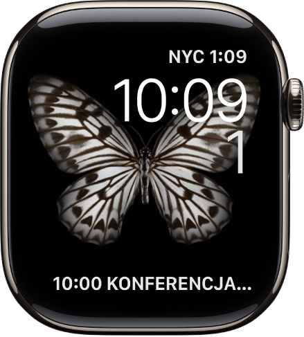 Tarcza Ruch wyświetlająca meduzę. Możesz wybrać, jaki obiekt jest wyświetlany w ruchu oraz dodać kilka komplikacji. W prawym górnym rogu widoczna jest komplikacja Minutnik, pod nią wyświetlana jest godzina i data, a na dole znajduje się komplikacja Stoper.