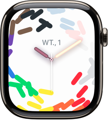 Tarcza zegarka prajd (feta) wyświetlająca tęczowe kolory jako konfetti. Na środku widoczna jest data i godzina.