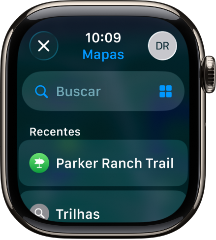 Tela de Busca no app Mapas, com o campo de busca perto da parte superior. Uma lista de buscas recentes aparece na parte inferior.