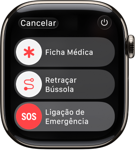 Tela do Apple Watch mostrando os controles para Ficha Médica, Retraçar da Bússola e Ligação de Emergência. O botão de Força está na parte superior direita.