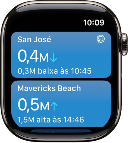 Tela no app Marés mostrando uma lista de locais com informações de marés.