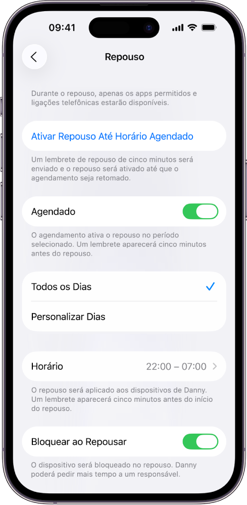 iPhone mostrando a tela de configuração do Repouso. O controle Programado está perto da parte superior. As opções “Todos os Dias” e “Personalizar Dias” aparecem abaixo disso, com “Todos os Dias” selecionado. As horas De e Até estão no meio da tela e o botão “Bloquear ao Repousar” está perto da parte inferior.