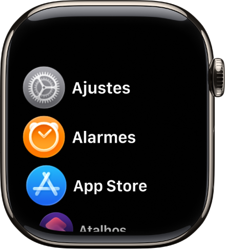 Tela de Início na visualização por lista, com os apps em ordem alfabética.