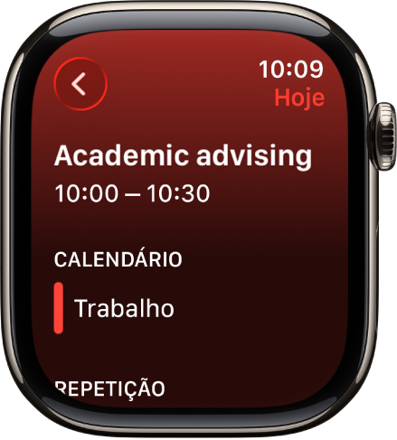 Tela do app Calendário mostrando um evento novo. O nome do evento está na parte superior, com o horário do evento abaixo. Abaixo da seção Calendário está a data do evento e o nome do calendário ao qual o evento pertence.