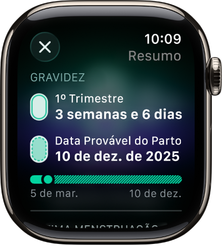 Tela no app Acompanhamento de Ciclo mostrando o resumo de uma gravidez, com uma idade gestacional e a data provável do parto no centro da tela.