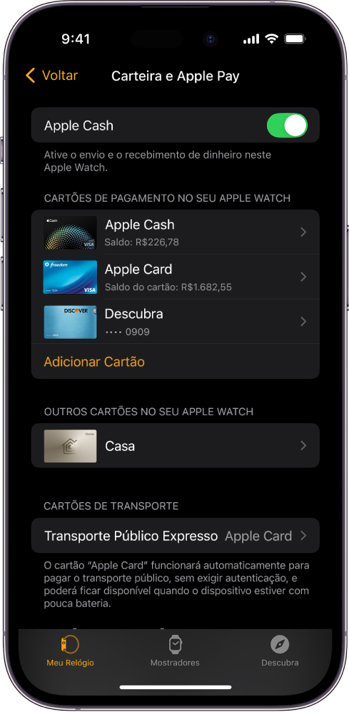 Tela do iPhone mostrando os ajustes de Carteira e Apple Pay no app Apple Watch.
