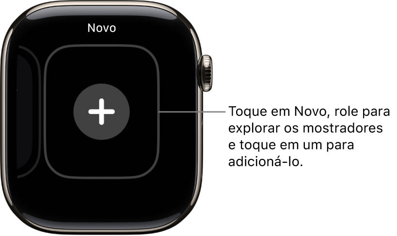 Nova tela de mostrador, com um botão de adicionar no centro. Toque para adicionar um novo mostrador.