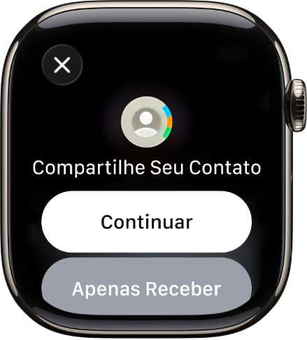 Tela do NameDrop mostrando dois botões: Continuar, que permite receber um contato além de compartilhar o seu, e Apenas Receber, para somente receber as informações de contato de outra pessoa.