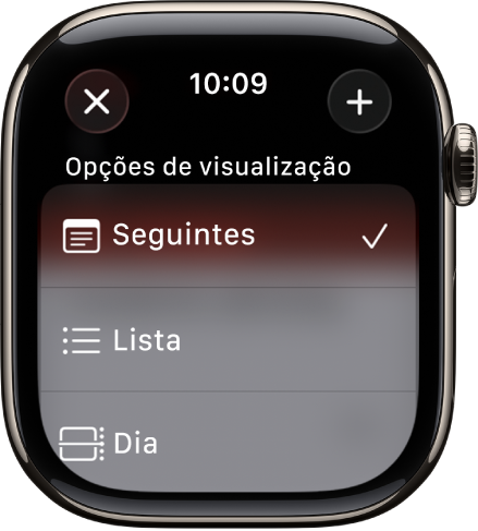 Ecrã do Calendário a mostrar “Ver opções”: “Seguinte”, “Lista” e “Dia”. O botão “Adicionar” encontra-se na parte superior direita.