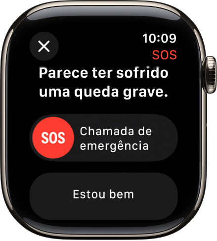 O ecrã “Deteção de queda” a mostrar o nivelador SOS para iniciar uma chamada de emergência e o botão “Estou bem”.