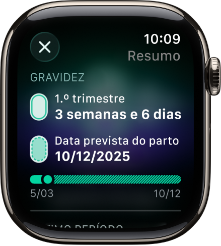 Um ecrã na aplicação Seguimento do ciclo a mostrar um resumo da gravidez com a idade gestacional e a data prevista do parto ao centro do ecrã.