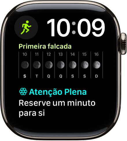 O mostrador “Modular duplo” com um relógio digital no canto superior direito e três complicações: “Treino” está no canto superior esquerdo, “Fase da lua” ao centro e “Atenção plena” na parte inferior.