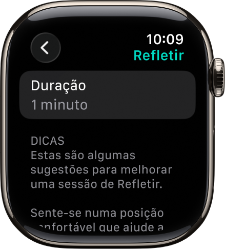 O ecrã da aplicação Atenção Plena, com a duração de um minuto na parte superior. Por baixo estão dicas para ajudar a melhorar a sessão “Refletir”.