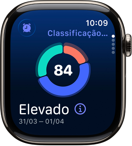 O ecrã de classificação do sono com uma classificação no centro do ecrã. Uma classificação e o tempo passado a dormir aparecem no canto inferior esquerdo do ecrã.
