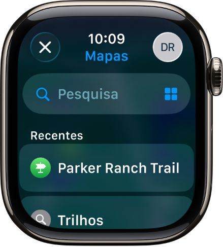 O ecrã “Pesquisar” na aplicação Mapas, com o campo de pesquisa junto à parte superior. Uma lista de pesquisas recentes aparece na parte inferior.