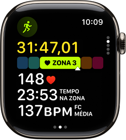 Um treino de corrida com o tempo decorrido do treino, a zona de frequência cardíaca em que está, a frequência cardíaca, o tempo passado nessa zona e a frequência cardíaca média.