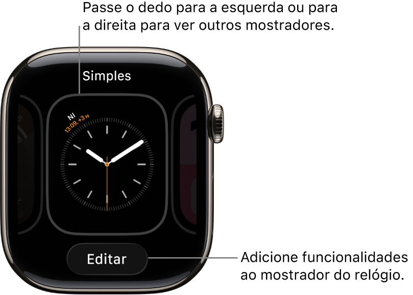Um mostrador mostra o botão e Editar, que aparece quando toca e mantém o dedo no mostrador. O nome do mostrador está na parte superior. Para ver outras opções do mostrador passe o dedo para a esquerda ou para a direita.