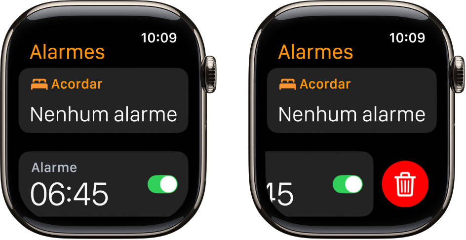 Dois ecrãs do relógio que mostram o processo de apagar um alarme.