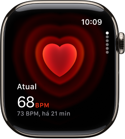 O ecrã da aplicação Frequência cardíaca com a frequência cardíaca atual no canto inferior esquerdo e, por baixo, a última leitura em números mais pequenos.