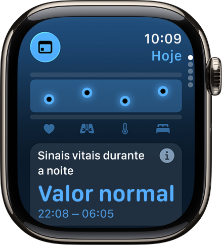 Um ecrã na aplicação Sinais Vitais a mostrar as métricas de saúde durante a noite.