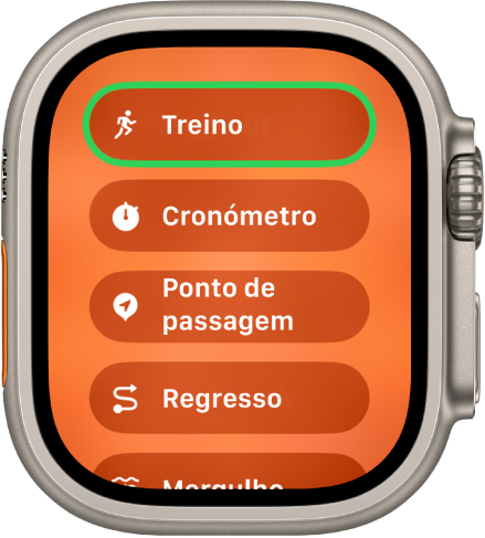 O ecrã “Mudança rápida” a mostrar ações que podem ser atribuídas ao botão “Ação”, como Treino, Cronómetro, Ponto de passagem e Regresso.