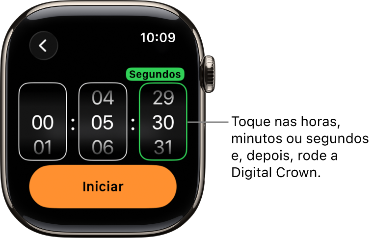 Definições para criar um temporizador personalizado, com as horas à esquerda, os minutos no meio e os segundos à direita. O botão “Iniciar” encontra-se abaixo.