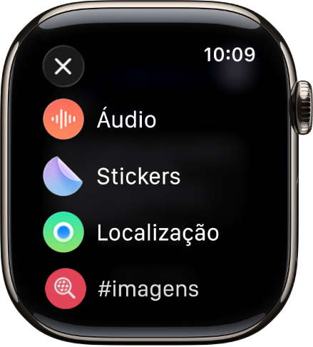 Um ecrã da aplicação Mensagens a mostrar opções de anexos, como áudio, stickers, localização e imagens.