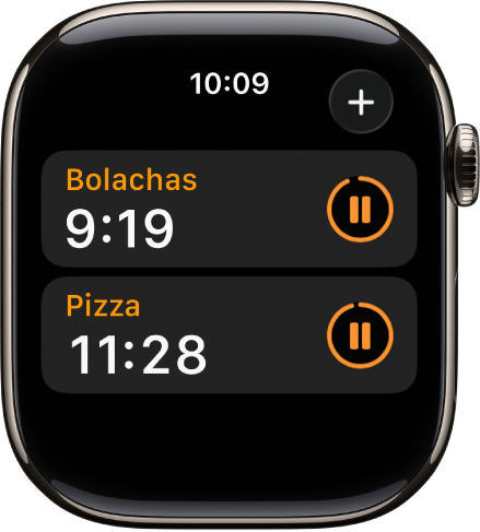 Dois temporizadores na aplicação Temporizadores. Cada temporizador mostra o tempo restante por baixo do nome do temporizador e um botão de pausa à direita. O botão “Adicionar” encontra-se na parte superior direita.