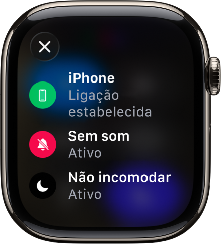 Os detalhes de estado a mostrarem o iPhone ligado, a localização a ser usada pela aplicação Mensagens, o Modo sem som ativado e Não incomodar ativado.