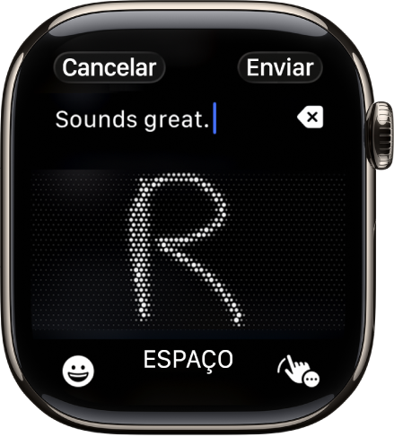 O ecrã do campo de texto a mostrar uma letra escrita com a funcionalidade Escrever à mão. Na parte inferior do ecrã estão os botões “Emoji” e “Escrever à mão”.