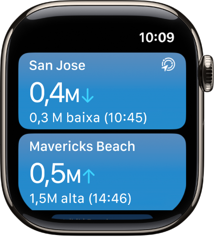Um ecrã na aplicação Marés a mostrar uma lista de localizações com informação das marés.