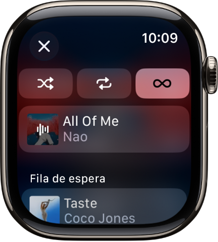 A janela de lista de faixas, com os botões “Modo aleatório”, “Repetir” e “Reprodução automática” na parte superior e uma faixa diretamente por baixo. Perto da parte inferior, aparece outra faixa sob “A seguir”. O botão “Fechar” encontra-se na parte superior esquerda.
