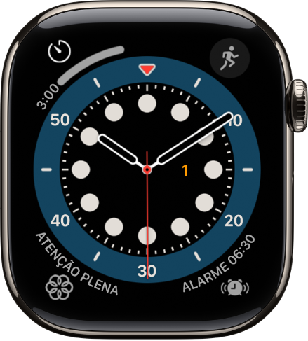 O mostrador Contagem. Quatro complicações. “Treino” no canto superior esquerdo, “Mensagens” no canto superior direito, “Atenção plena” no canto inferior esquerdo e “Música” no canto inferior direito.