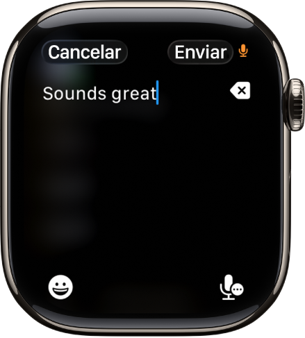 O ecrã do campo de texto a mostrar uma mensagem criada com o ditado. Na parte inferior do ecrã estão os botões “Emoji” e “Ditado”.