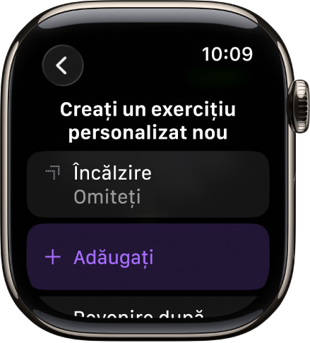 Aplicația Exerciții afișând un ecran pentru crearea unui Exercițiu personalizat.