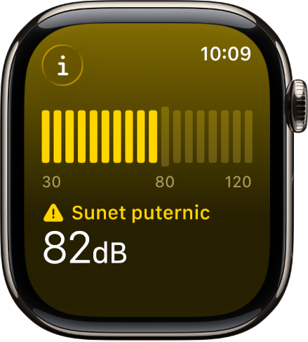 Aplicația Zgomot afișând un sonometru și un nivel al sunetului de 89 de decibeli, cu cuvântul „Sunet puternic” deasupra.